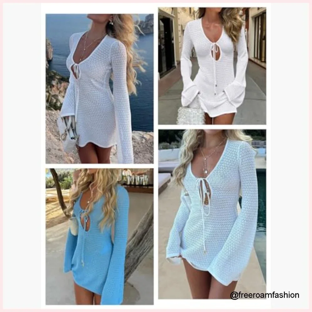 Crochet Mesh Knit Swimsuit Cover Up Dress V Neck Long Sleeve Beach